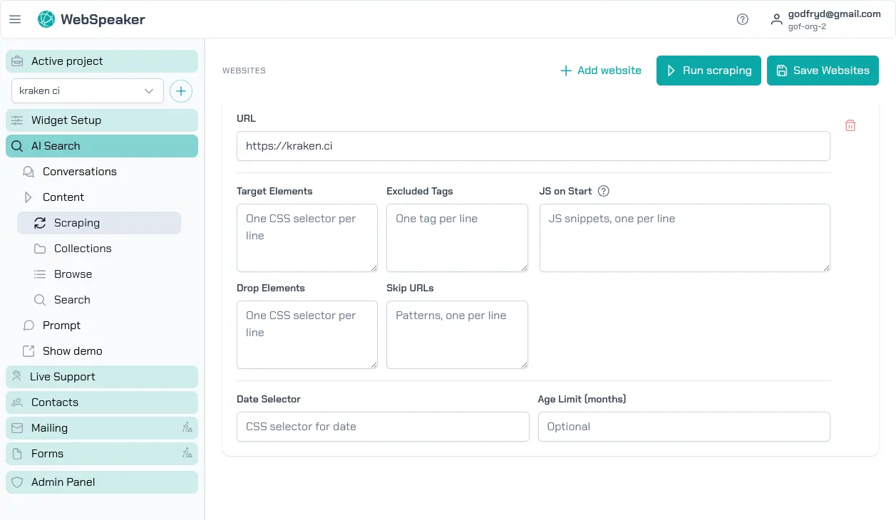 Scraping configuration